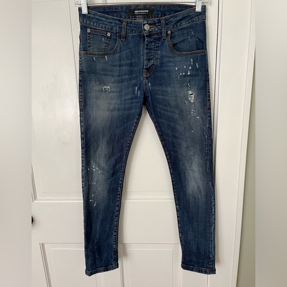 Takeshy Kurosawa Distressed Paint Splattered Jeans Button Fly Mens 32 Stretch - Picture 1 of 16